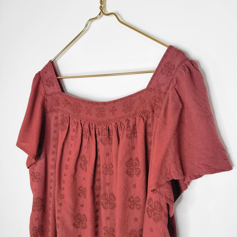 TORRID Red Brown Square Neck Top Size 3X Embroidered Boho Flutter Sleeve Peasant - Picture 6 of 11